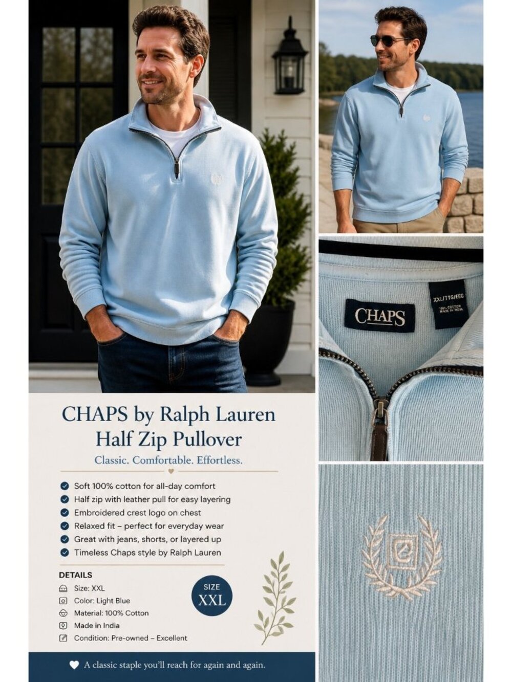 CHAPS by Ralph LaurCHAPS by Ralph Lauren Half Zip Pullover XXL Light Blue Cotton